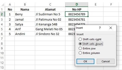 Menambah kolom dan baris di Excel