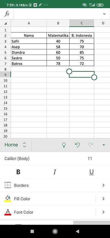 Cara menambah kolom di Excel android