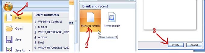 Cara membuat file atau dokumen baru pada program Microsoft Word 2007 adalah